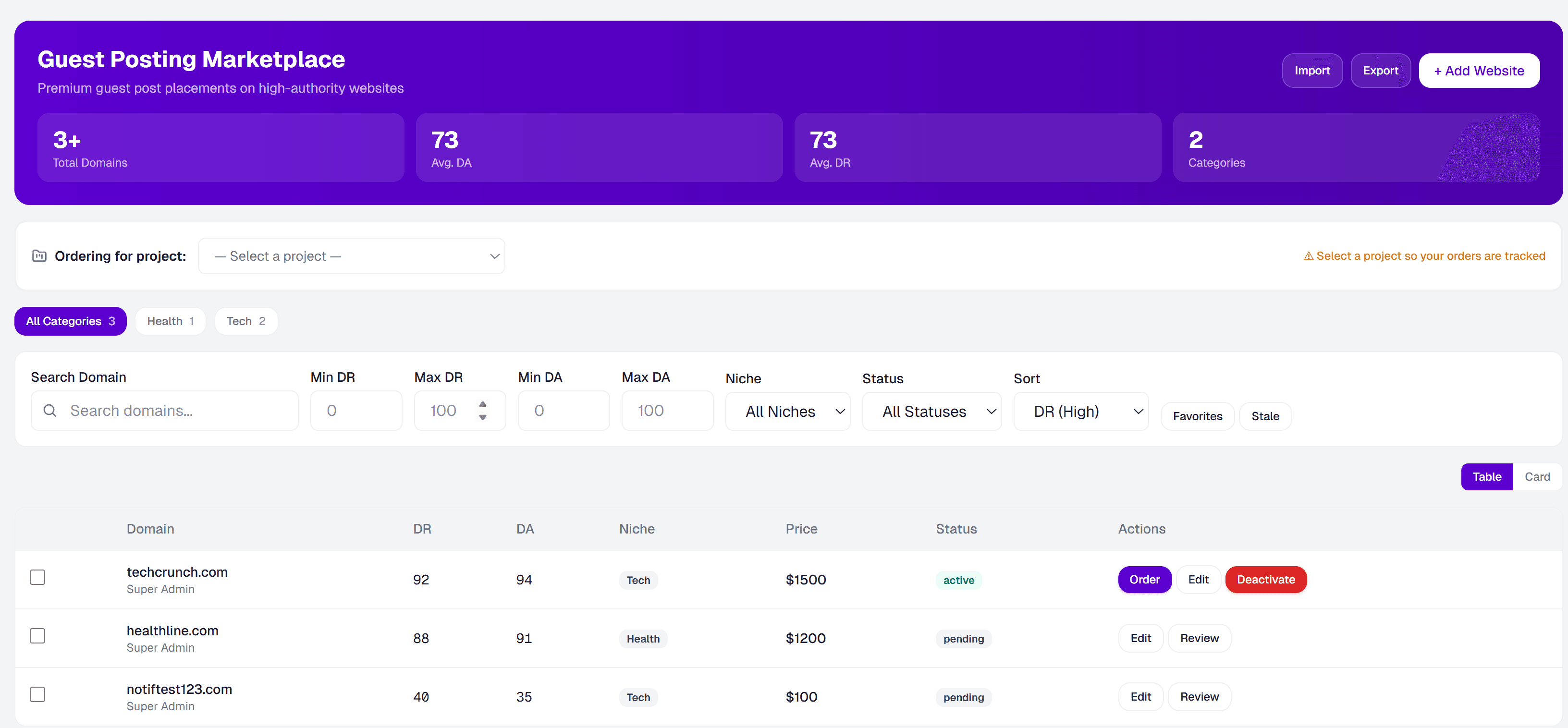 Guest post outreach catalog and order tracker